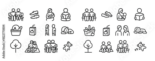 Minimalist line icons: family activities and daily life