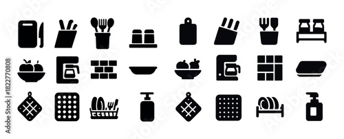 Kitchen utensils and appliances icon set in black silhouette