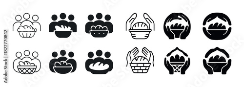 Community food icons: bread sharing and gathering symbols in various styles