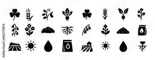Collection of black farming and plant silhouettes with nature elements