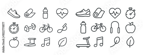 Minimalist fitness icons: shoes, heartbeat, stopwatch, headphones, dumbbell