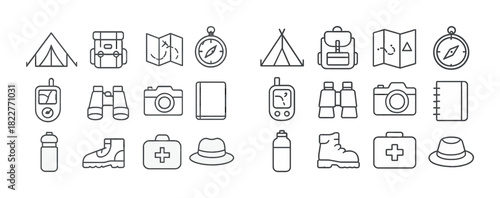 Outdoor adventure equipment icons: camping, navigation, and survival essentials
