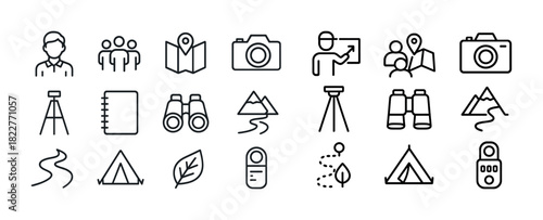 Adventure and exploration icons: maps, cameras, hiking, camping
