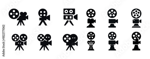 Set of vintage film camera icons in black silhouette style