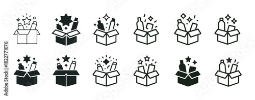 Set of iconic gift boxes with sparkles and bottles in black and white