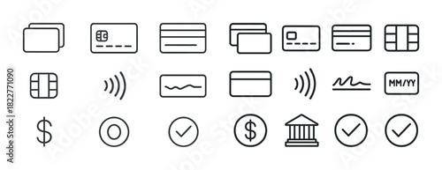 Minimalist icon set for cards and transactions: credit, debit, wireless, validation