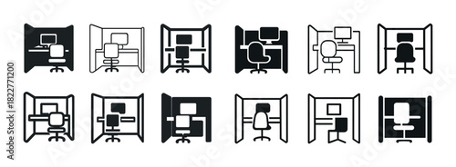 Collection of computer workstation icons depicting various office desk setups