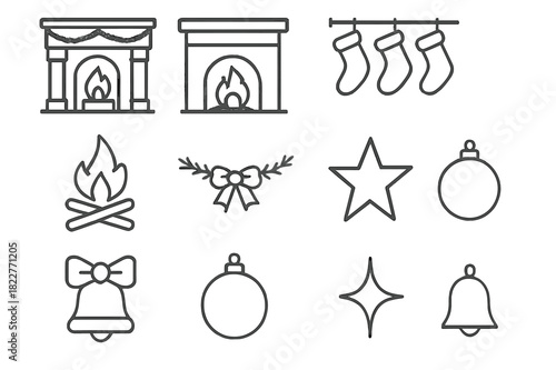 Holiday Fireplace Icons. Holiday Fireplace. Line outline icon set of Holiday Fireplace: mantel, fireplace,
