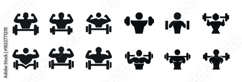 Silhouette icons of bodybuilders and weightlifters in various poses