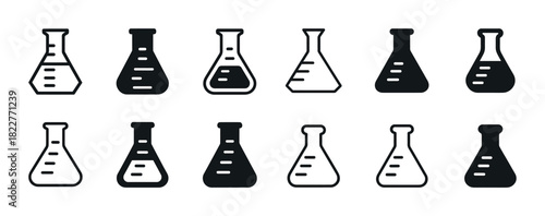 Black and white chemistry flask icons set