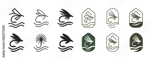 Set of abstract fishing lure icons with fly designs