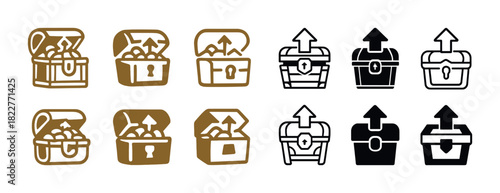 Treasure chest icons set: gold and black outlined graphics