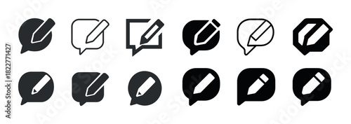 Set of black and white pencil icons in speech bubbles