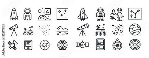 Space exploration icons: rocket, astronaut, alien, telescope, satellite