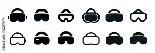 Collection of various black silhouette goggle icons for vr and diving