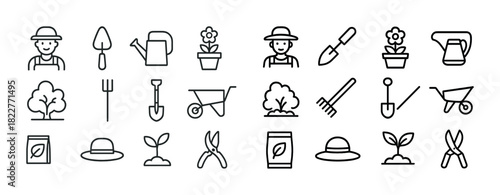 Gardening tools and icons: plant care, watering, pruning, and growing elements