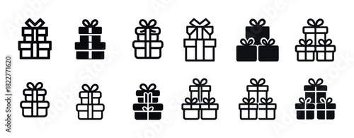 Collection of gift box icons with bows in various stacked arrangements