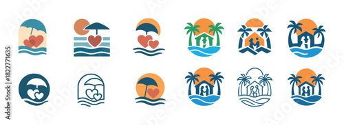 Romantic travel icons with hearts, beach, and palm trees