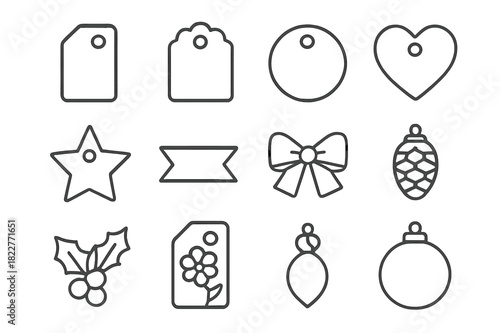 Holiday Gift Tag Icons. Holiday Gift Tags. Line outline icon set of Holiday Gift Tags: rectangle tag,