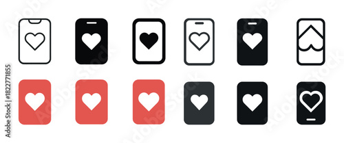 Set of heart icons on smartphone and card templates in black, white, and red