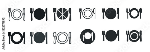 Variety of table setting icons with plates and cutlery in black and white