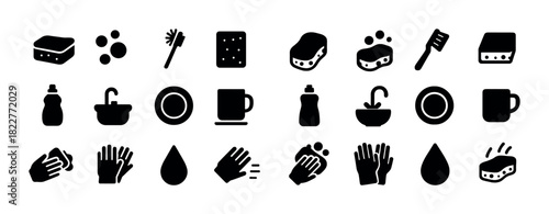 Set of cleaning and kitchen icons featuring sponges and dishes