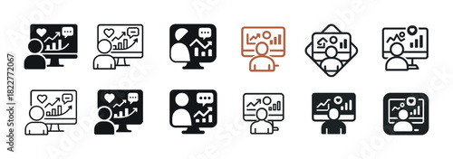 Icon set of video calls with analytics and charts on diverse screens