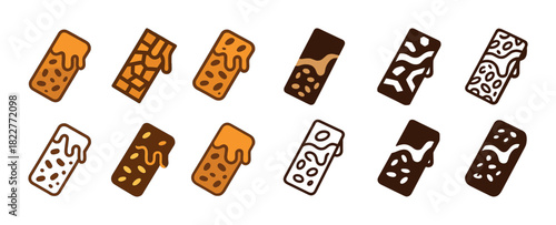Assorted chocolate and caramel candy bars - flat vector icons set