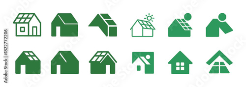 Green solar panel icon collection: eco-friendly house and roof designs