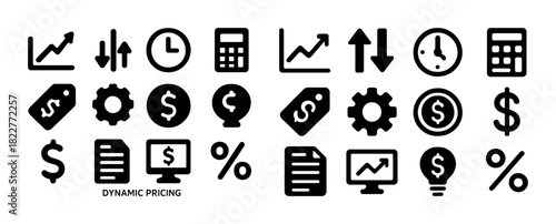 Dynamic pricing icons: charts, clocks, calculators, tags, gears, dollar signs, percents