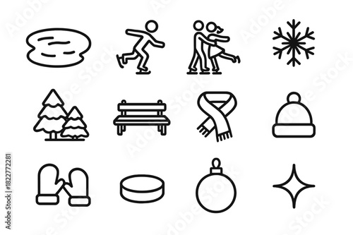 Holiday Ice Rink Icons. Holiday Ice Rink Scene. Line outline icon set of Holiday Ice Rink Scene: frozen lake,