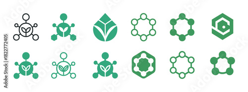 Green biotechnology icons: molecular, organic, eco, hexagonal, nature