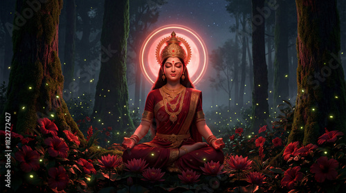 Divine goddess meditating in a mystical dark forest surrounded by glowing red flowers and ancient trees