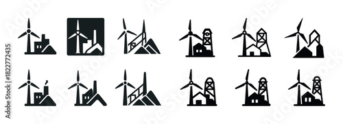 Monochrome wind turbine and industry icons collection
