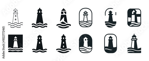 Collection of stylized lighthouse icons in various designs