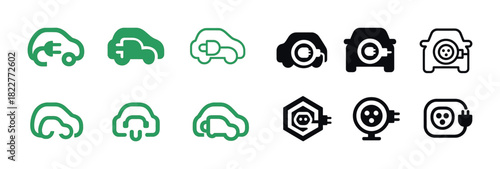 Electric vehicle charging icons in green and black variations
