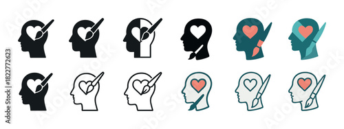 Graphic icons of heads with heart and paintbrush motif