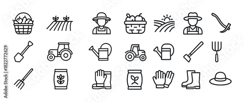 Line icons set featuring farming tools and equipment