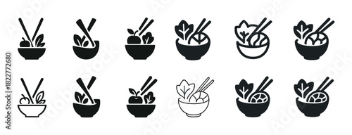 Set of asian food icons with chopsticks and bowls
