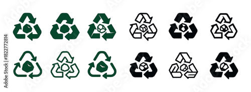 Diverse recycling symbols in green and black variations