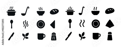 Cooking and dining icons set with utensils, food, and tableware