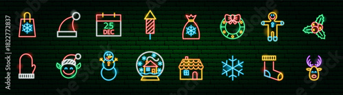 Merry Christmas. Happy New Year Neon Objects. Vector Illustration of Glowing Led Lamp Winter Holiday Icons. Seasonal Greetings. Snowflake.