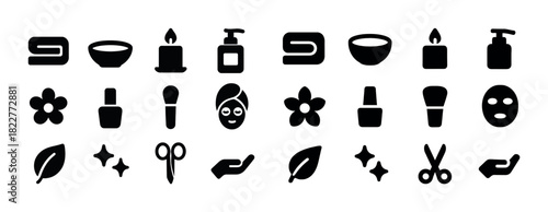 Spa and beauty icon set: candle, nail polish, face mask, scissors, flower design