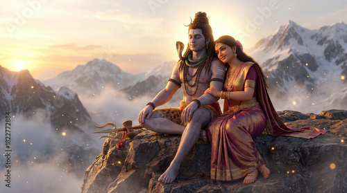 Lord shiva and goddess parvati, the divine couple, sitting peacefully on a mountain at sunset