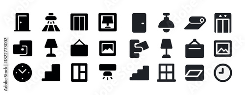 Collection of household and office icons featuring lamps, doors, clocks, frames, and lighting symbols