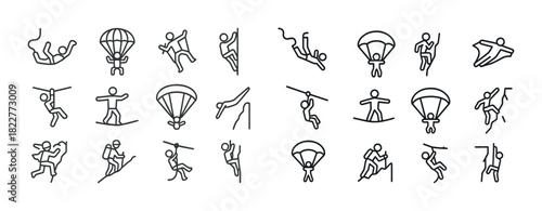 Adventure icons: skydiving, paragliding, bungee jumping, and more thrill sports