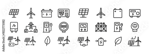 Renewable energy line icons set featuring solar panels and wind turbines