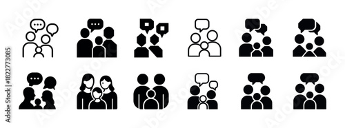 Various chat icon designs depicting conversations and group discussions