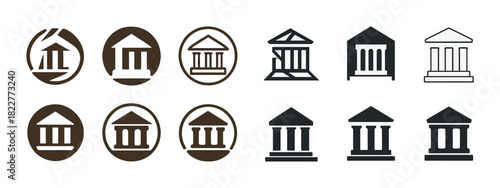 Set of bank and temple symbols in various icon styles