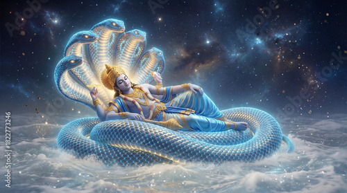 Hindu deity lord vishnu reclines on the multiheaded serpent shesha in a celestial, starry cosmos